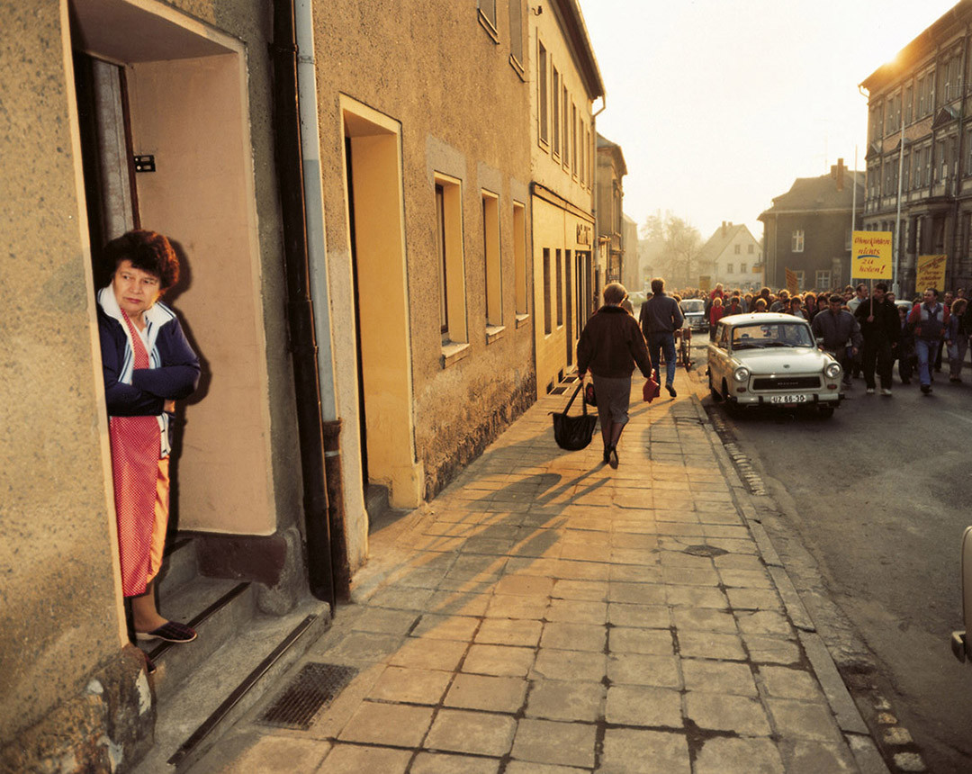 Demonstration zur Erhaltung von Arbeitsplätzen, Borna, März 1990